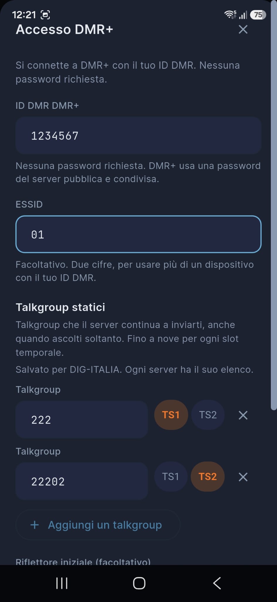 Configurazione connessione Server DMR+