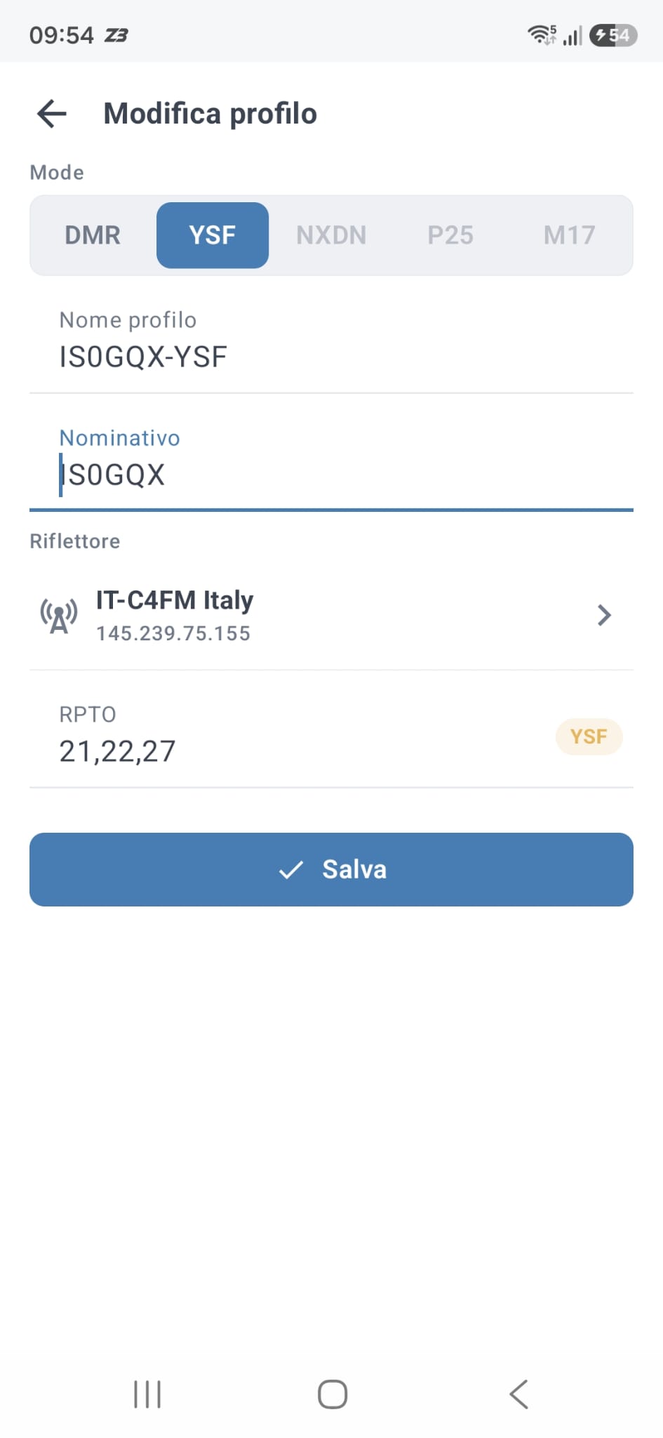 Selezione e configurazione protocollo YSF